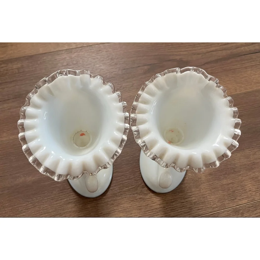 Fenton vintage milk glass silver crest cornucopia candle holder vases